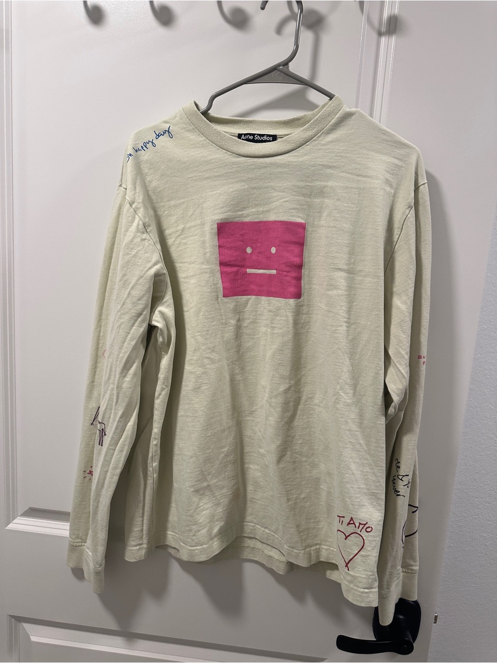 Acne Studios Cream Long Sleeve Tee with Pink Graphic Square